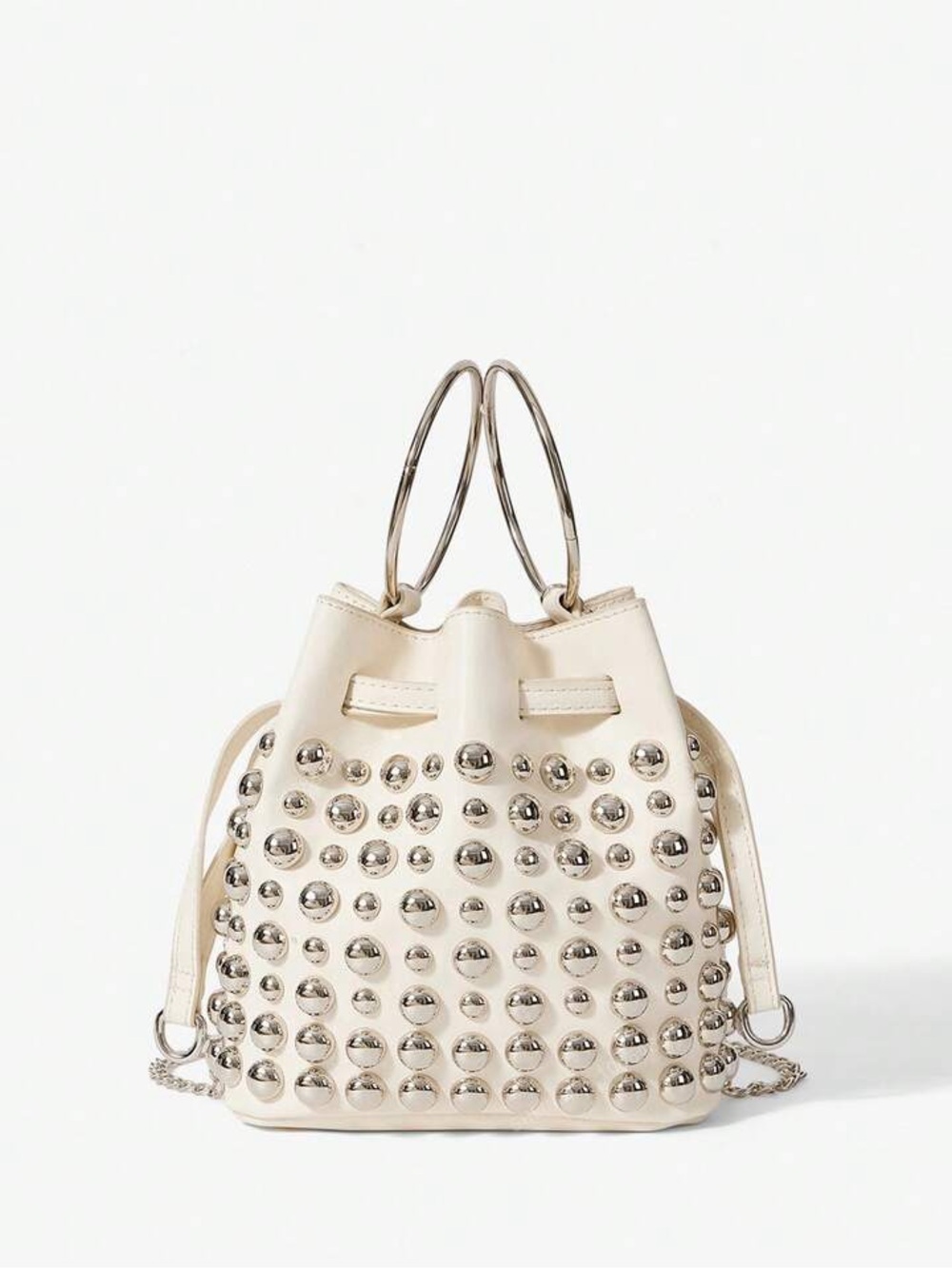 Studded Cream Leather Drawstring Bucket Bag